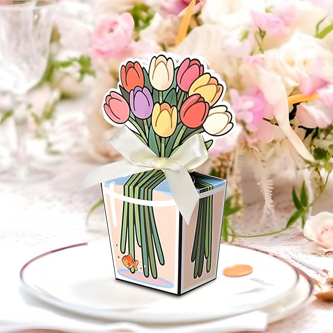 Tizee 3D Floral Gable Boxes with Ribbon - Mini Gift Bags for Party Favors, Birthday, Wedding, Mothers Day, Cookies, Candy, and More (20 Pack)