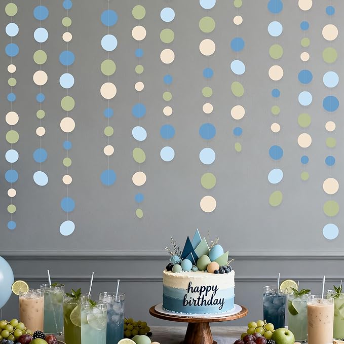 Dusty Blue and Sage Green Beige Polka Dot Garland Olive Green Dusty Blue Cream Nude Hanging Paper Circle Dots Streamer for Birthday Baby Shower Wedding One Silly Goose Theme Party Decorations Supplies