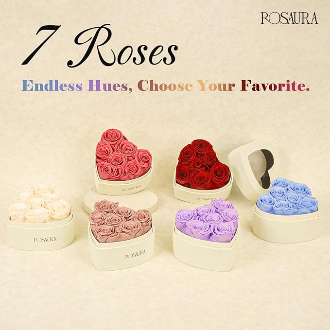 Rosaura Heart-Shaped Preserved Roses Gift Box - Real Forever Flowers for Christmas, Birthday, Valentine's & Mother's Day (Pink, 7 Roses)