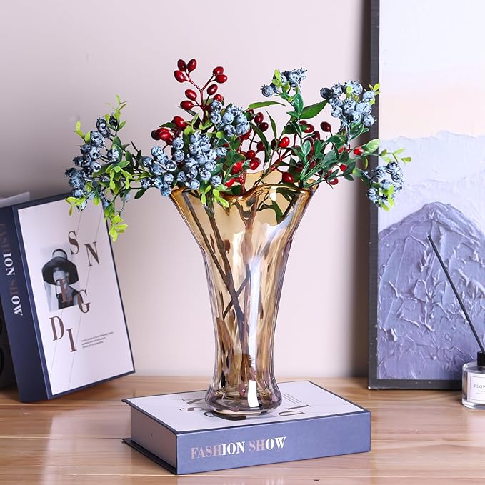 9.0"H Amber Glass Vases for Flowers, Unique Hand Blown Glass Vase Amber Gold Home Decor, Wide Mouth Colorful Flower Vase Centerpieces, For Living Room Table Bookshelf, Bathroom Office Shelf Decorative