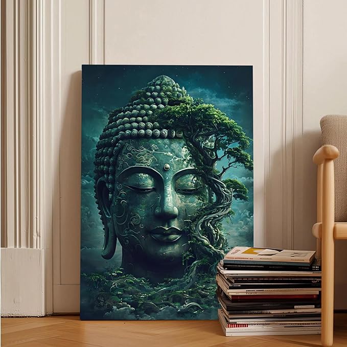 Buddha statue wall art canvas wall decor aesthetic picture mystical nature art for tranquil home and spiritual space 28x40in Wood Framed