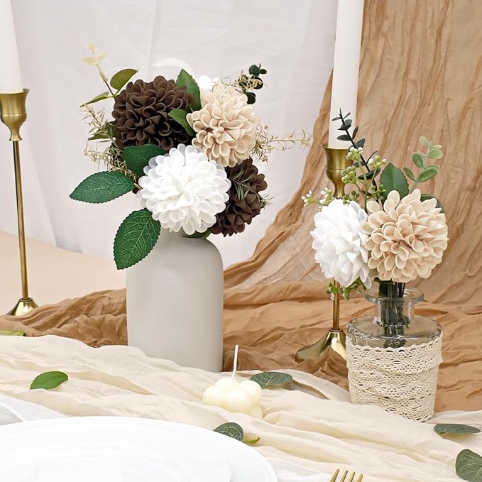 Artificial Flowers, 100pcs Artificial Rose for DIY Bouquets Arrangement,Chocolate and Tan Dahlia Flowers Foam Fake with Stems for Wedding Shower Party Floral Arrangements Tables Home Decorations