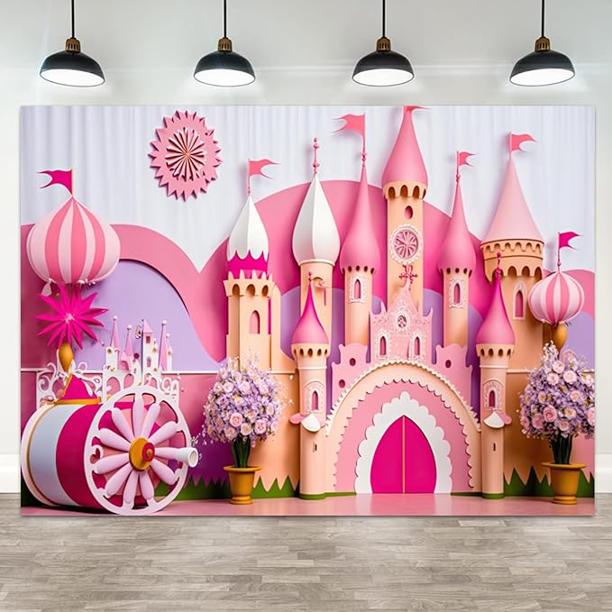 6x4ft Princess Castle Backdrop Pink Purple Floral Girl Birthday Photography Background Kids Birthdays Newborn Baby Shower Banner Decorations Wedding Party Portrait Photo Booth Prop