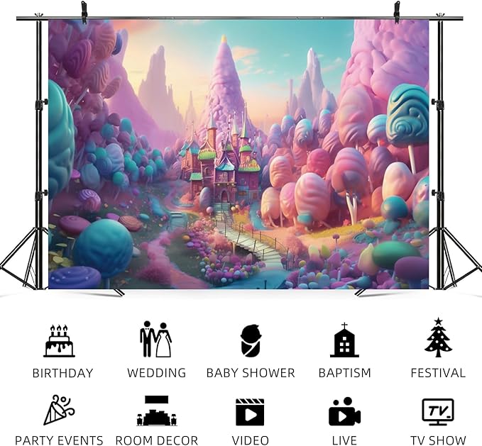 20x10ft Candyland Backdrop Fantasy Candy Castle Photography Background Sweet Lollipop Dream Blue Sky Cartoon Kids Birthday Banner Decorations Baby Shower Newborn Portrait Photo Booth Prop