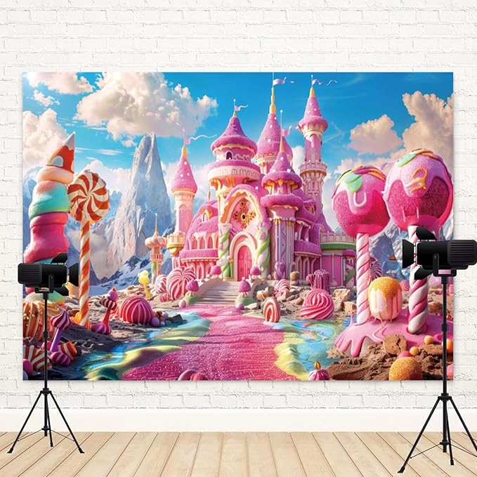 8x6ft Pink Fantasy Castle Backdrop Candy Land Sweet Candy House Photography Background Baby Shower Sweet Girl Princess Birthday Banner Decorations Kids Artistic Portrait Photo Booth Prop