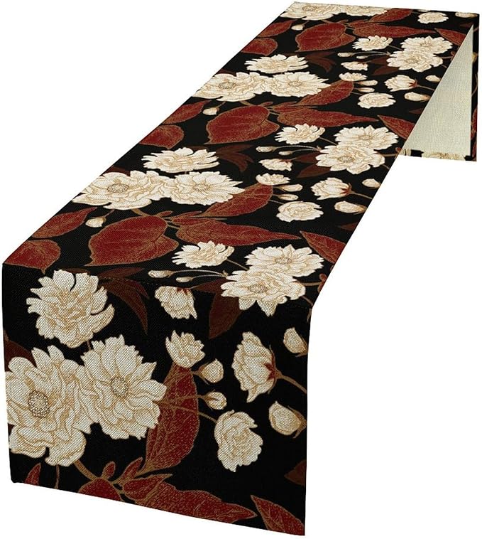 Red Gold Floral Table Runner, Boho Dark Flower Leaves Chinese Plum Blossoms Botanical Vintage White Gold Art Print Table Runner for Spring Holiday Decor, 13x70inch