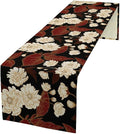 Red Gold Floral Table Runner, Boho Dark Flower Leaves Chinese Plum Blossoms Botanical Vintage White Gold Art Print Table Runner for Spring Holiday Decor, 13x90inch