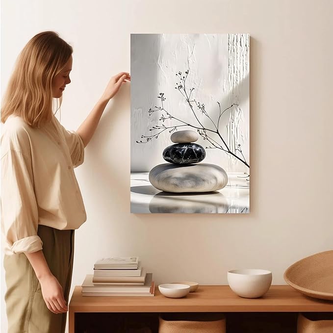 Gray and black stone pile and dried flowers poster canvas wall art in harmony Minimalist wall art for tranquil homes and mindful spaces 8x12in Wood Framed