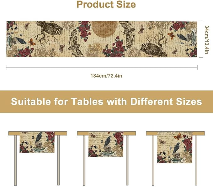 Gothic Floral Table Runner, Retro Dark Skull Moth Vintage Flower Halloween Day of Death Witchy Coffee Table Center Decor for Home Kitchen Dining Patio Holiday Party Table Decorations 13x108 inches