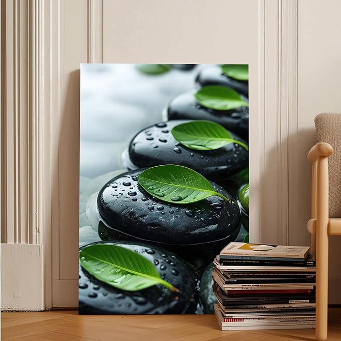 Glittering black stone cluster with fresh green leaves and water drops poster tranquil mist rain wall art zen wall art suitable for modern minimalist home decor 12x18in Wood Framed
