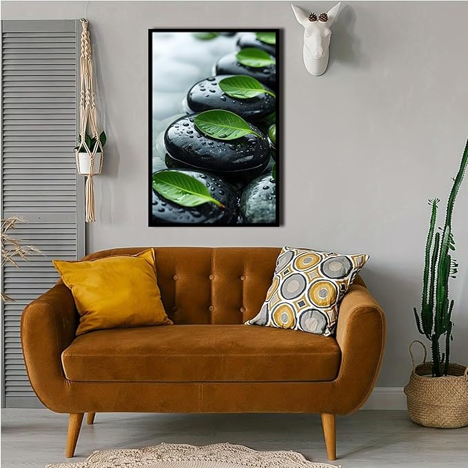 Glittering black stone cluster with fresh green leaves and water drops poster tranquil mist rain wall art zen wall art suitable for modern minimalist home decor 20x30in Metal blackFramed