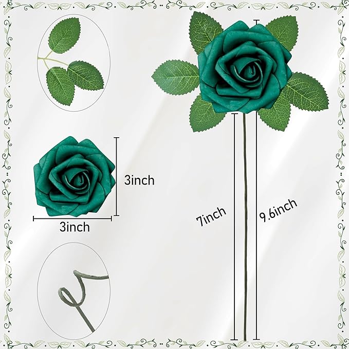 Artificial Flowers, 100pcs Hunter Green Artificial Rose for DIY Wedding Bouquets Centerpieces Arrangements, Fake Flower with Stem for Wedding Shower Party Tables Home Decorations