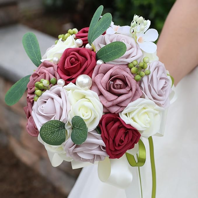Lightweight Bridal Wedding Bouquet Round Holding Bouquet Throw Toss Artificial Rose Flower Bunch for Bride Bridesmaid Wedding Quinceanera (Cream, Smoky Rose, Light Taro & Burgundy, 9.1")