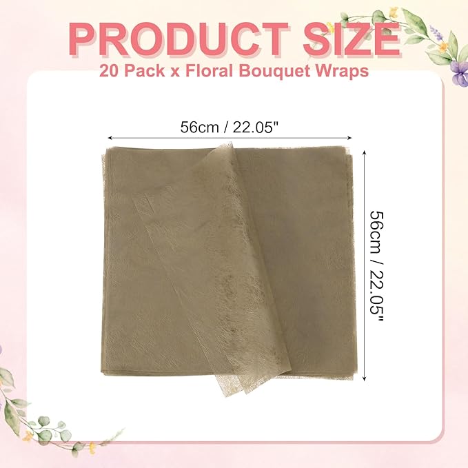 YELARXI Flower Wrapping Paper, Cotton Wrapping Flower Paper, Non-Woven Waterproof Floral Bouquet Wraps - Fitting for (Florist Supplies/Gift) 22 x 22 Inch & 20 Pack & Brown