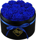 GLAMOUR BOUTIQUE Flowers Forever Gift Box 12 Real Preserved Roses in a Velvet Black Box, Birthday Gift for Wife Mom and Her, Mothers Day, Anniversary, Graduation - Blue