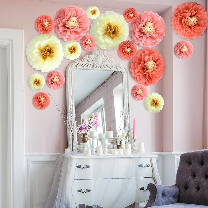 18 Pcs Large Tissue Paper Flowers Set 23.6"/11.8"/9.8" Giant Fiesta Mexican Paper Wall Flower for Carnival Wedding Birthday Bridal Shower Party Backdrops Centerpieces(Boho Colors)