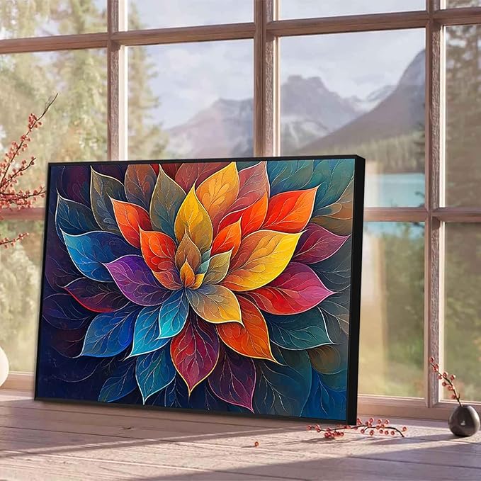 Agitowis Colorful Flower Canvas Wall Art, Abstract Floral Canvas Prints, Lotus Blossom Pictures Wall Decor, Zen Painting, Yoga Studio Wall Decor (Black Framed, 31" Wx23 H/80x60cm)