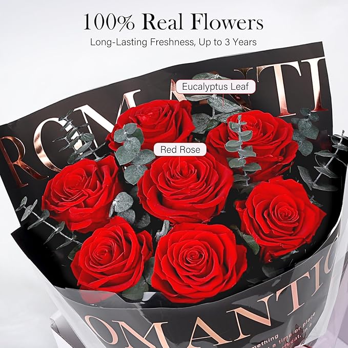 Preserved Flowers Bouquet 7 Roses - Red Real Rose & Flowers for Delivery, Long-Lasting Flower with Gift Box, Eternal Roses Bouquet for Mothers, Mom, Wife, Anniversary Birthday Gifts for Women, Black