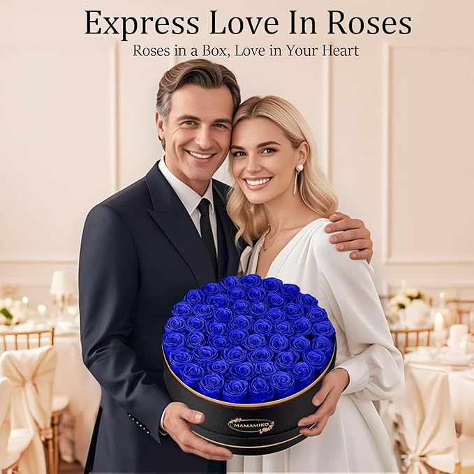 50 Preserved Roses in a Gift Box for Her - Forever Flowers for Delivery, Eternal Rose Mothers Gifts for Mom, Wife Anniversary Birthday Gifts for Women, Blue
