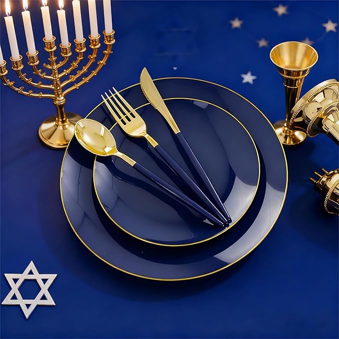 Liacere 150PCS Blue Plastic Plates - Gold Plastic Silverware with Blue Handle - Navy Disposable Plates Include 30 Guests Plates,Forks,Spoons,Knives for Hanukkah & New Year & Hanukkah
