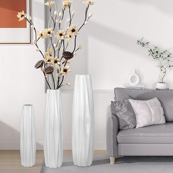 White Ceramic Floor Vase 17.7 Inches Tall, Large Floor Vases for Office,Farmhouse,Living Room Modern Home Décor,Simple Origami Design Fall Decorative Porcelain Flower Arrangement Vase Ideal Gift