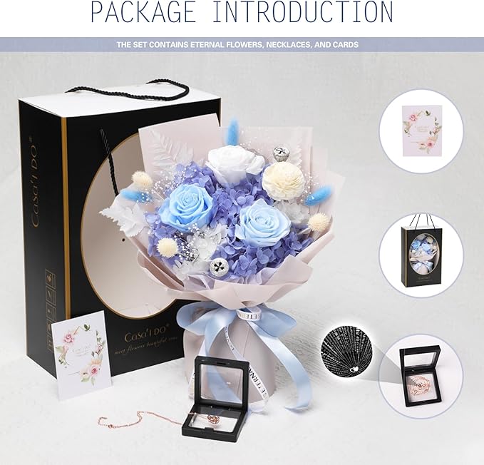 Preserved Flowers for Delivery, Blue Flower Bouquets with Necklace, Forever Real Roses Anniversary Birthday Gifts for Women Mom Wife Girlfriend, Fresh Flowers for Valentines Day Christmas