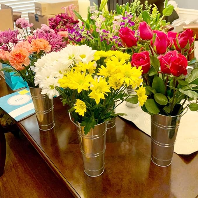 12 PCS 9 Inch Metal Flower Vase for Cut Flowers, Galvanized Metal Floral Buckets, Vintage Style Galvanized Flower Bucket for Home Décor & Wedding Centerpiece (Silver)