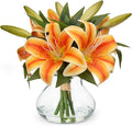 Hollyone Tiger Lily Fall Flowers Artificial for Decoration in Vase Real Touch Orange Autumn Silk Faux Flowers Arrangements with Glass Vase with Fake Water Lily Centerpiece Fall Decorations for Home