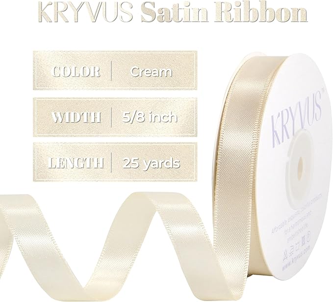 Cream Satin Ribbon, Double Faced 5/8 Inch X 25 Yards, Premium Satin Ribbon for Gift Wrapping, Crafts, Hair Bow Making, Sewing, Flower Bouquet, Wedding Party Decor