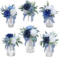 Marriwise Set of 6 Navy Blue Assorted Wedding Flower Centerpieces Pre-Made Mini Bridesmaid Bouquets Artificial Floral Rose Table Decor for Outdoor Beach Wedding Decorations Shower Home Decor