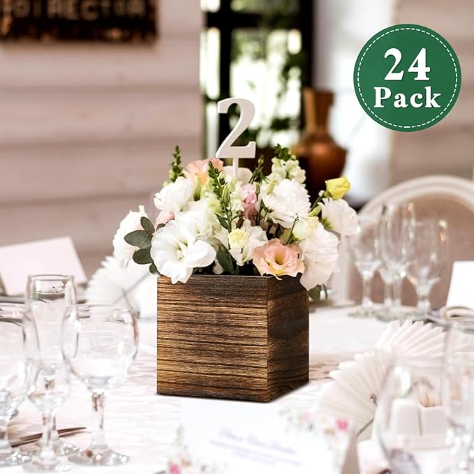 Dandat 24 Set Wood Cube Planter Box Square Wood Vase Rustic Cube Planter Box with Removable Plastic Liner Floral Foam Blocks for Centerpieces Home Wedding Garden Decor, Country Style (Brown)