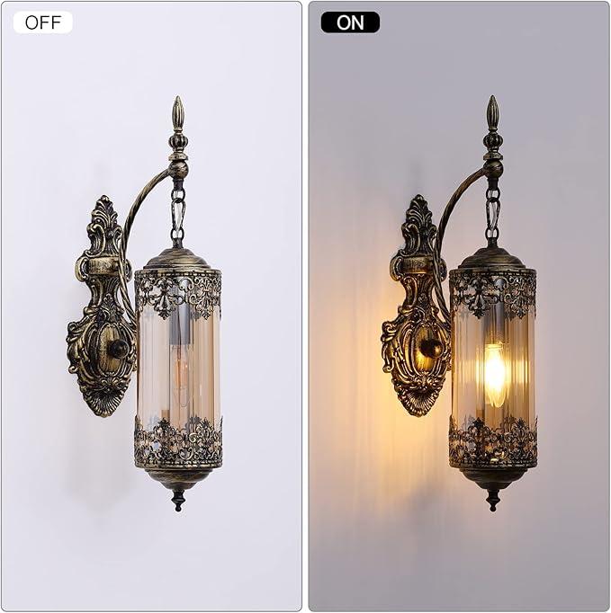 Antique Rustic Wall Sconce with Amber Glass Mini Vintage Gothic Wall Light Fixture Retro Farmhouse Mid Centry Lantern Wall Sconce for Bedroom, Hallway, Mirror, Bursh Gold, E12
