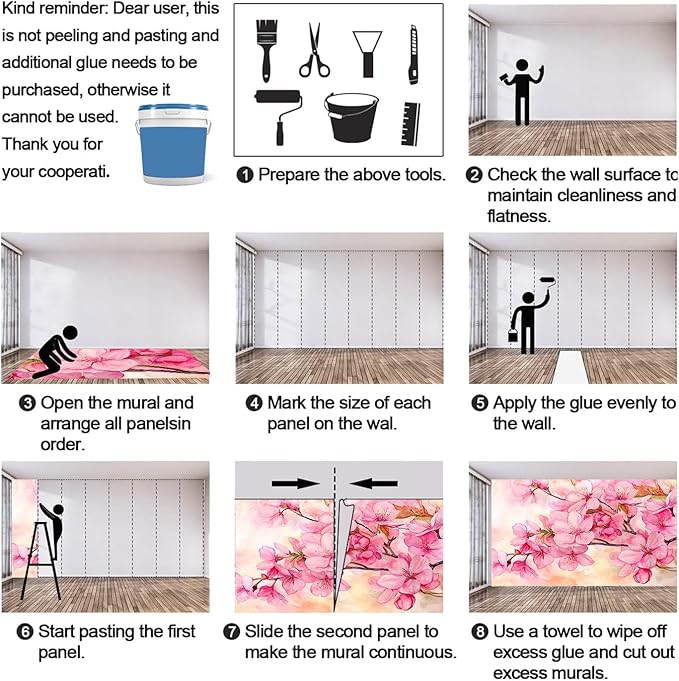 Watercolor Cherry Blossom Wall Mural, Japanese Cherry Blossom 3D Wall Murals, Simple Elegant Flowers Wallpaper Mural, for Living Room Bedroom Large Wallpaper Indoor Decor 98.4" W x68.9 H