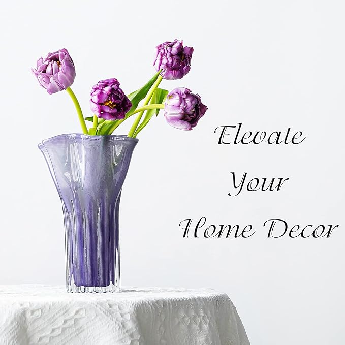 8'' Blown Glass Flower Vase for Home Wedding Modern Centerpieces Decorative (Purple)