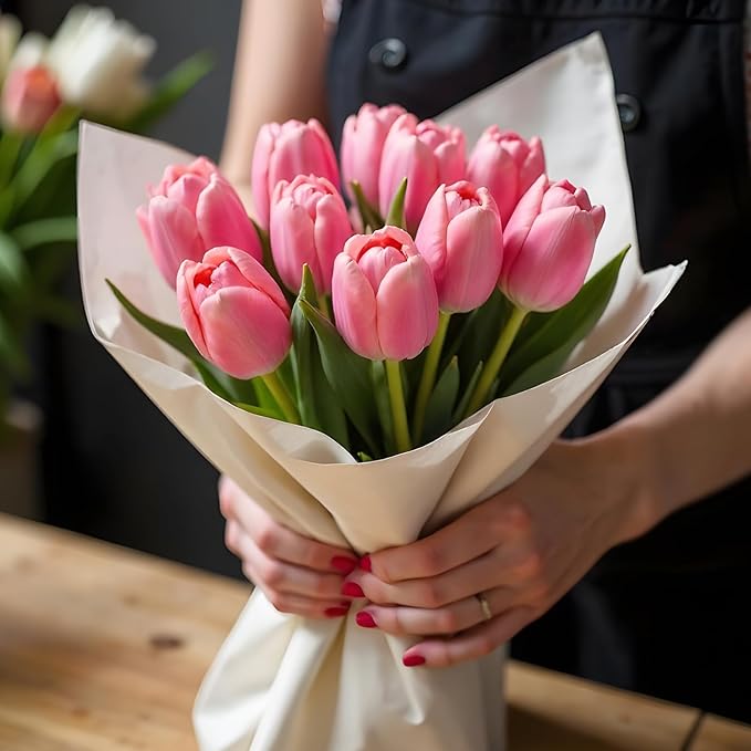 uxcell 20pcs Tulips Artificial Flowers, Faux Flowers Silk Fake Tulip Stems Real Touch for Wedding Bouquet Centerpiece Table Party Decoration(Candy Pink, Pure White)