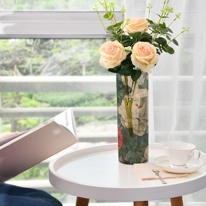 Flower Vase Clear Plastic Cylinder Vases Decor for Centerpieces Home Storage Office Weddings White Red Peonies 11.8 x 3.9 in