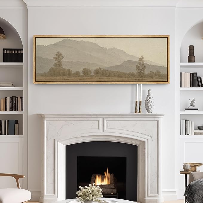 SIGNFORD Large Framed Canvas Print Wall Art Misty Mountain Landscape Tranquil Nature Scenery Illustrations Modern Art Calm Warm for Living Room, Bedroom, Office - 60"x20"