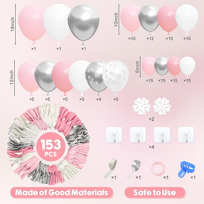 Amandir 153pcs Pink Silver Balloon Arch Garland Kit, Different Sizes 18 12 10 5 inch Pink White Latex Metallic Confetti Snowflake Balloons for Winter Wonderland Princess Baby Shower Party Decorations