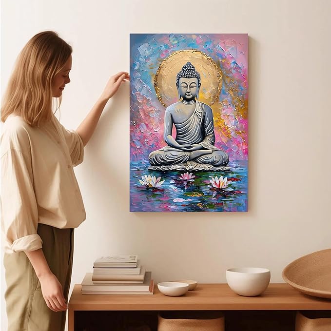 Lotus and golden Buddha meditation tranquil zen wall art mindfulness wall art for spiritual harmony and tranquility decor 20x30in Frameless