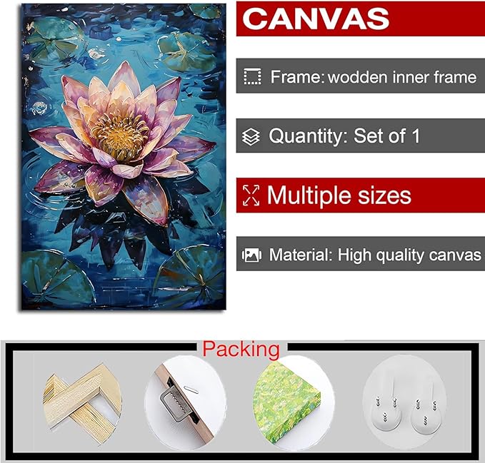 Gorgeous pink and purple water lilies on deep blue water Eye-catching oil painting Serene aquatic wall art for modern home decor 20x30in Wood Framed