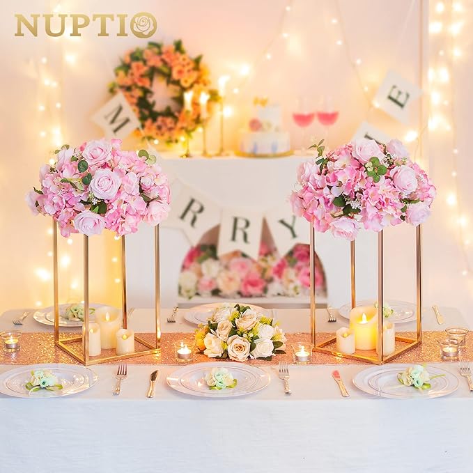NUPTIO Gold Metal Rectangular Vase, 2 Pcs 15.75 inches Tall, Elegant Floral Centerpiece for Wedding, Housewarming, Mother's Day, Birthday, Anniversary, Party Decorations