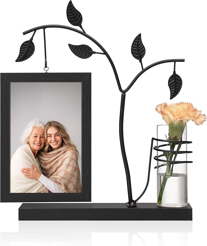 Afuly 4x6 Picture Frame Black with Metal Stand Glass Vase, Double Sided Glass Photo Frames, Wood Picture Frames Desk Modern Home Decor Anniversary wedding Gift for Couple Grandma Mom