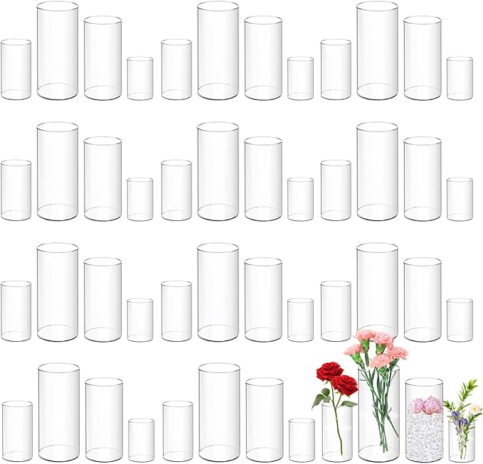 48 Pack Plastic Cylinder Vases, 4 6 8 10 Inch Tall Acrylic Cylinder Clear Flower Vase Set Bulk Glass Like Large Round Plastic Vases for Centerpiece Wedding Home Office