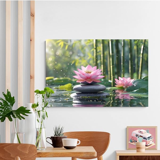 Ethereal pink lotus on obsidian Sunlit bamboo forest with sparkling water drops Poetic nature inspired wall art for tranquil homes and mindful spaces 24x36in Frameless