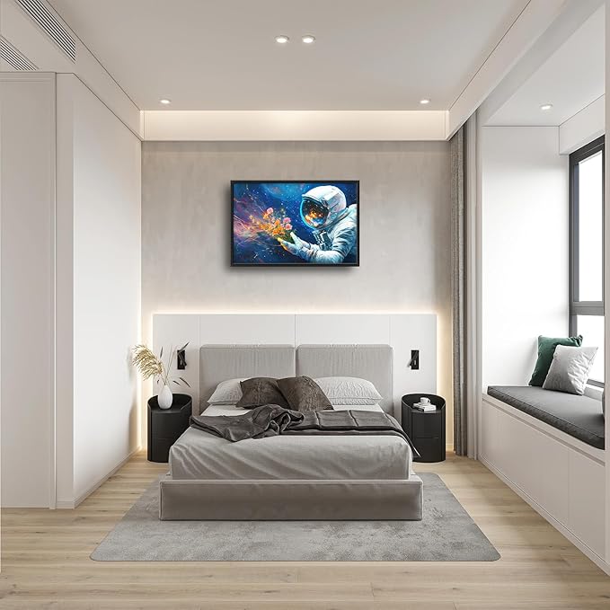 Astronaut Large Wall Art Galaxy Outer Space Pictures Wall Decor Flowers Above Over Bed Canvas Prints Painting Framed Artwork Decoration for Boys Bedroom Living Room 36"x24"