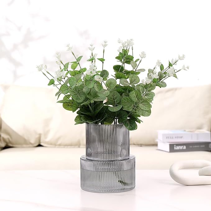 Black Glass Vase, Ribbed Glass Vase for Tulips, Flower Vases for Bouquet, Black Modern Vases for Living Room, Dining Table, Entryway, Mantle, Shelf, Wedding, Office, 7.5 Inches