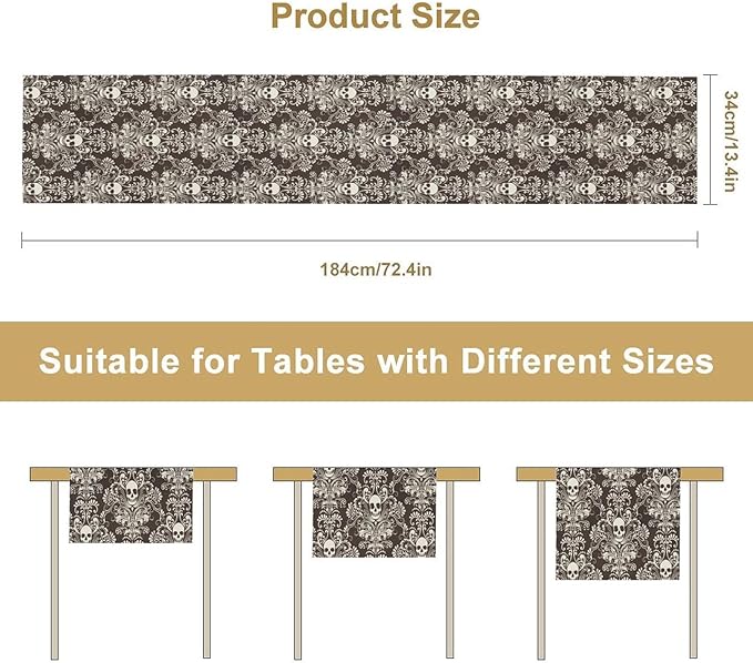 Gothic Table Runner,Damask Skull Victorian Black Floral Boho Table Runner for Home Kitchen Table Dining Garden Farmhouse Wedding Party Decor 13x60 Inch