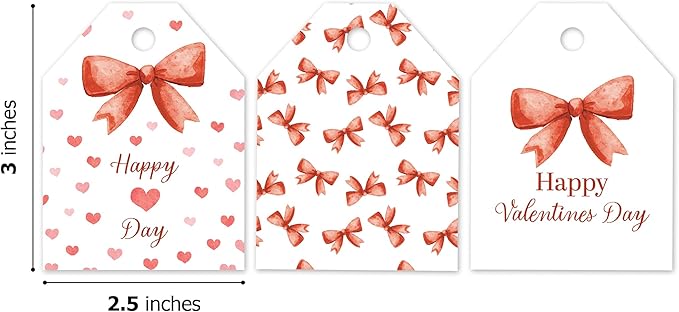 Pro Supply Global 24 Count of 2.5 Inch x 3 Inch Pre Strung Bows Valentine's Day Gift Tag Assorted Printed Designs on Large Cardstock Gift Hang Tags - Ideal to Use on Bags