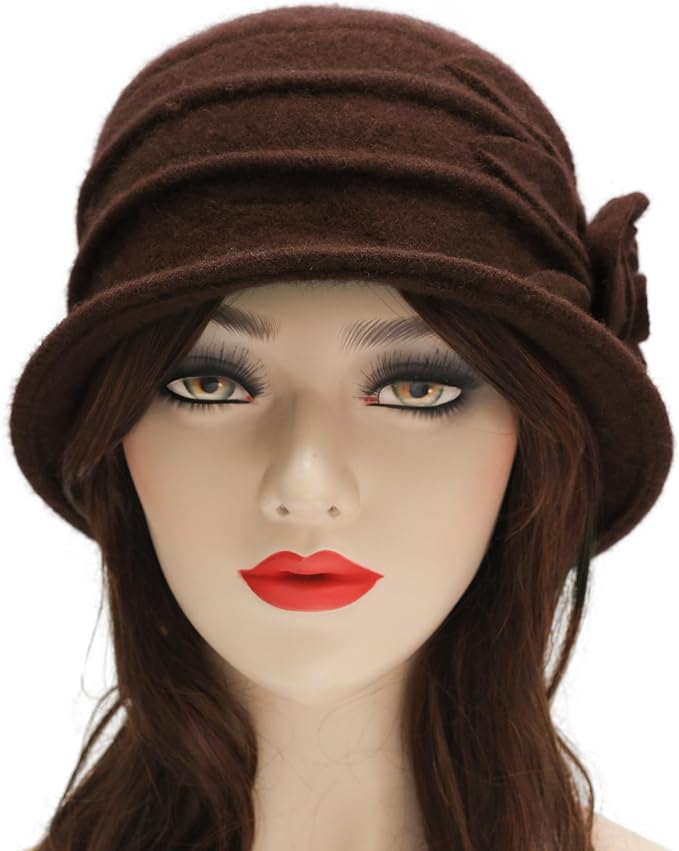 ZLYC Women Wool Cloche Bucket Hat 1920s Vintage Dress Winter Hats with Flower Accent