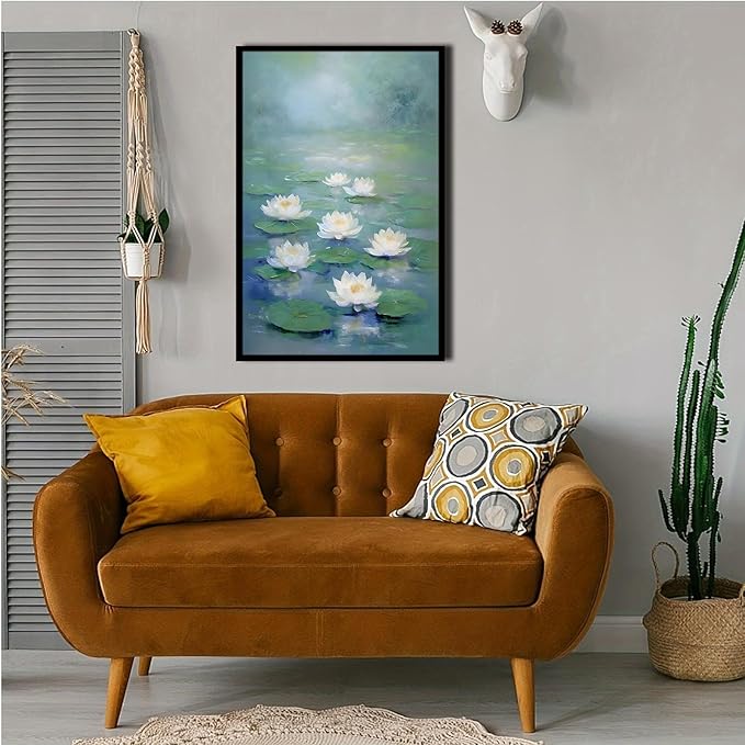 Zen wall art Delicate white lotus flower floating on calm water Vintage oil painting print Serene aquatic wall art creates a tranquil home decor 20x30in Metal blackFramed